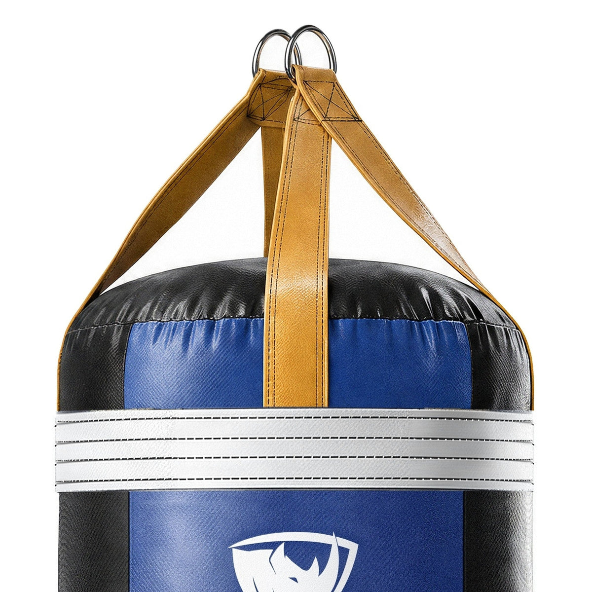 Close-up of the 4 ft XL 150 lb heavy bag: four hanging straps, one per panel, box-X stitching and two heavy steel D-rings
