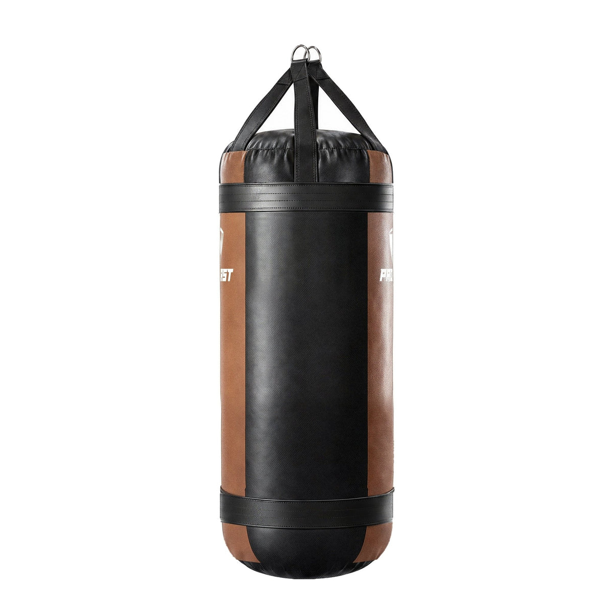 PROLAST 4 ft XL 150 lb stock heavy bag, brown with black trims and straps, side panel view, 4-panel construction