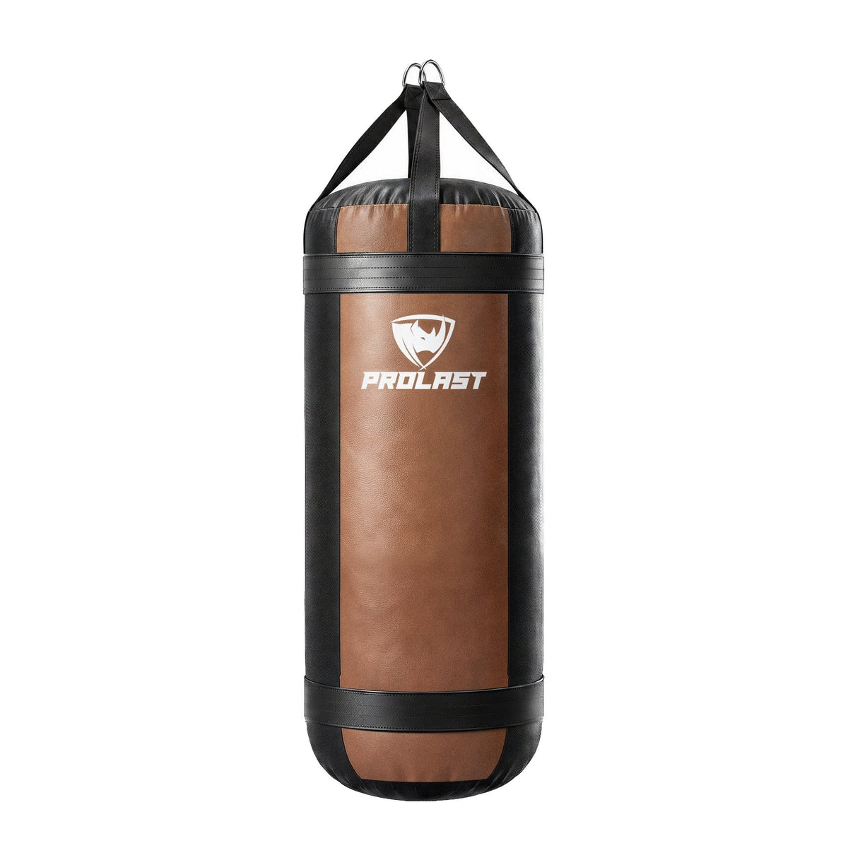 PROLAST 4 ft XL 150 lb stock heavy bag, brown with black trims and straps, front view with the PROLAST logo