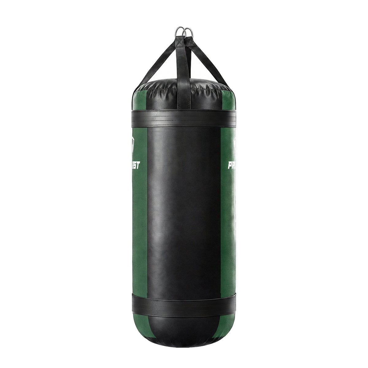 PROLAST 4 ft XL 150 lb stock heavy bag, green with black trims and straps, side panel view, 4-panel construction