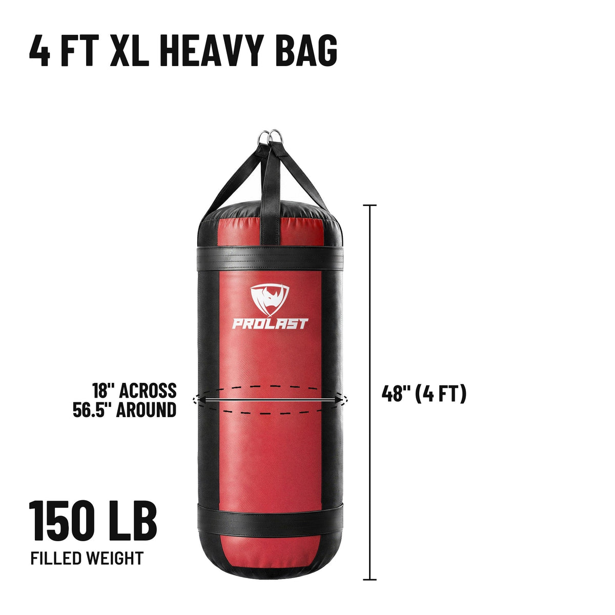 4 ft XL 150 lb heavy bag: 48 in body, 18 in across, 56.5 in around, 150 lb filled