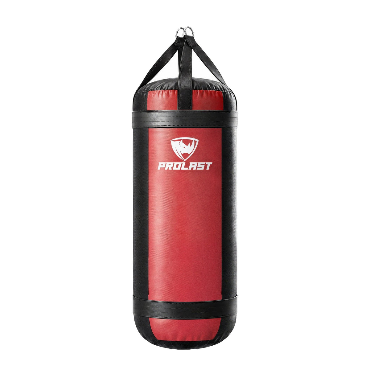 PROLAST 4 ft XL 150 lb stock heavy bag, red with black trims and straps, front view with the PROLAST logo