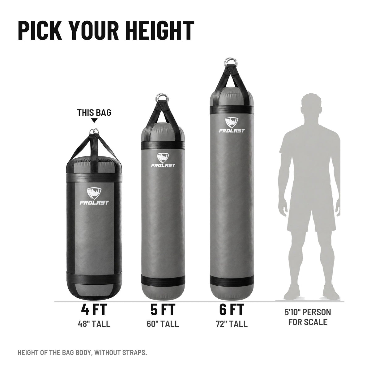 Height guide: 4, 5 and 6 ft PROLAST heavy bags in smoke grey to scale next to a 5 ft 10 in person; this bag is the 4 ft XL 150 lb