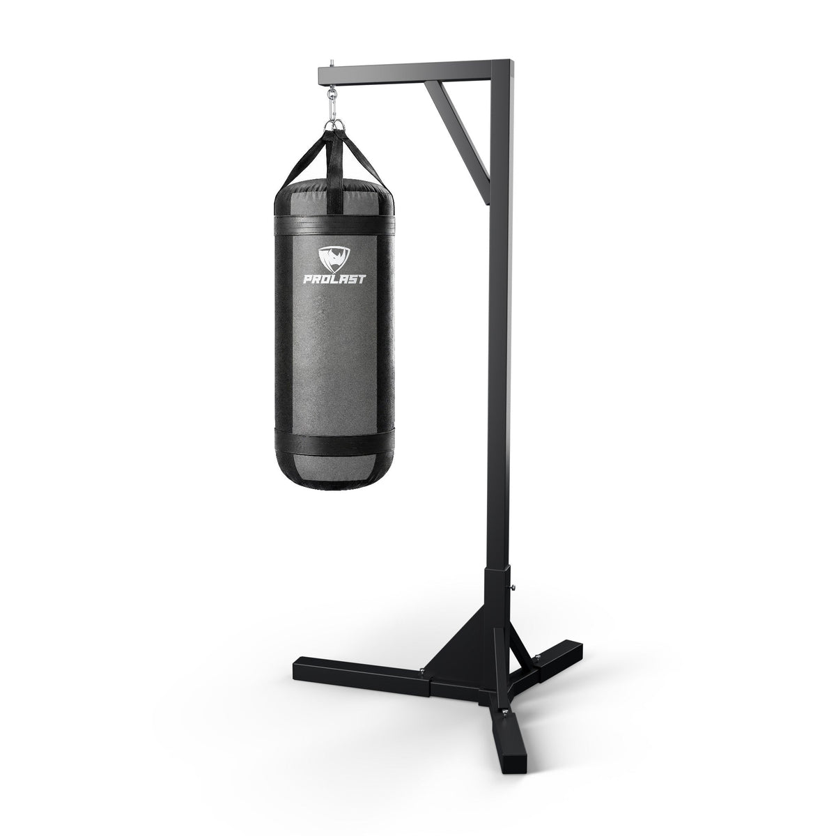 PROLAST 4 ft XL 150 lb stock heavy bag, smoke grey, hanging from a PROLAST single bag stand on a steel snap hook through its D-rings (stand sold separately)