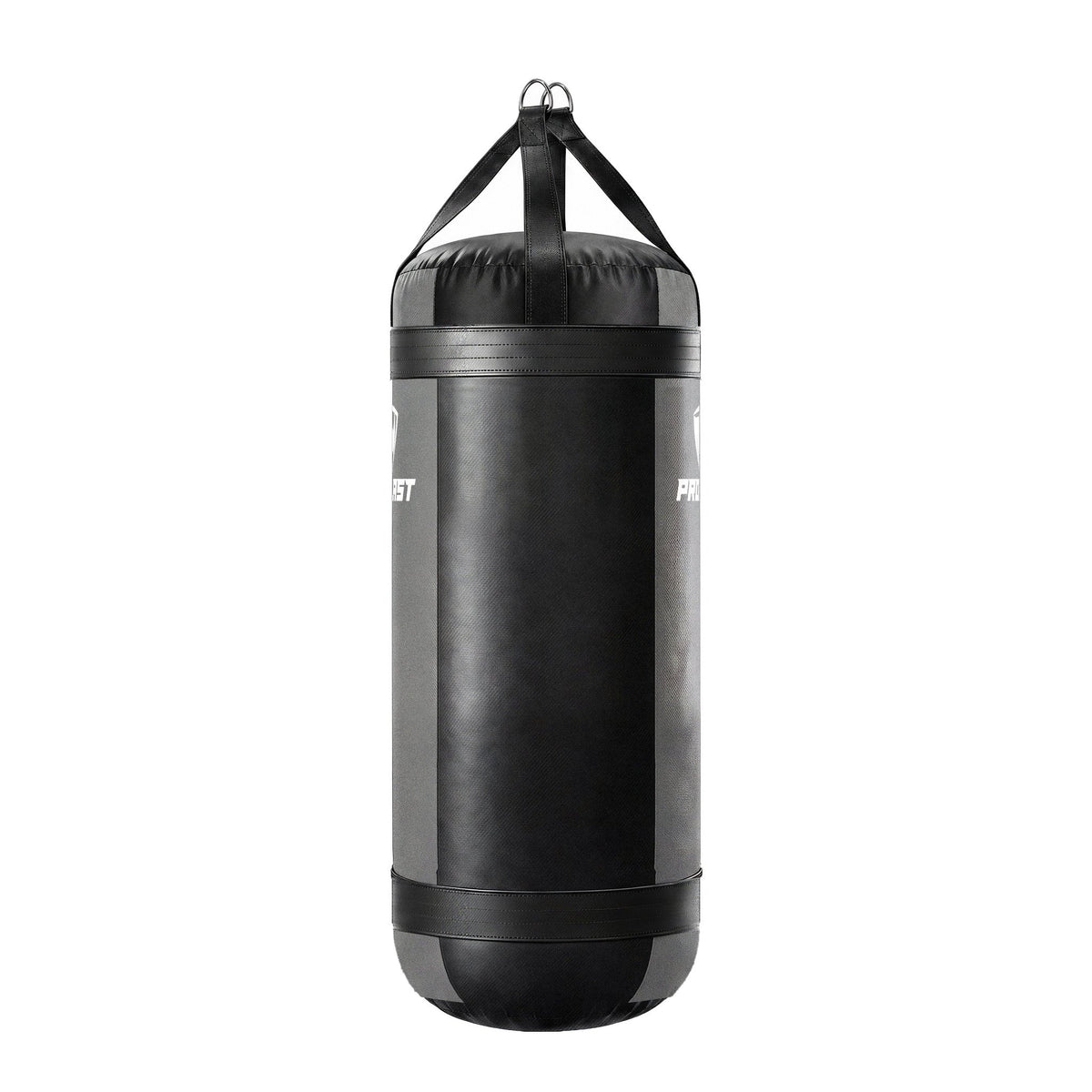 PROLAST 4 ft XL 150 lb stock heavy bag, smoke grey with black trims and straps, side panel view, 4-panel construction