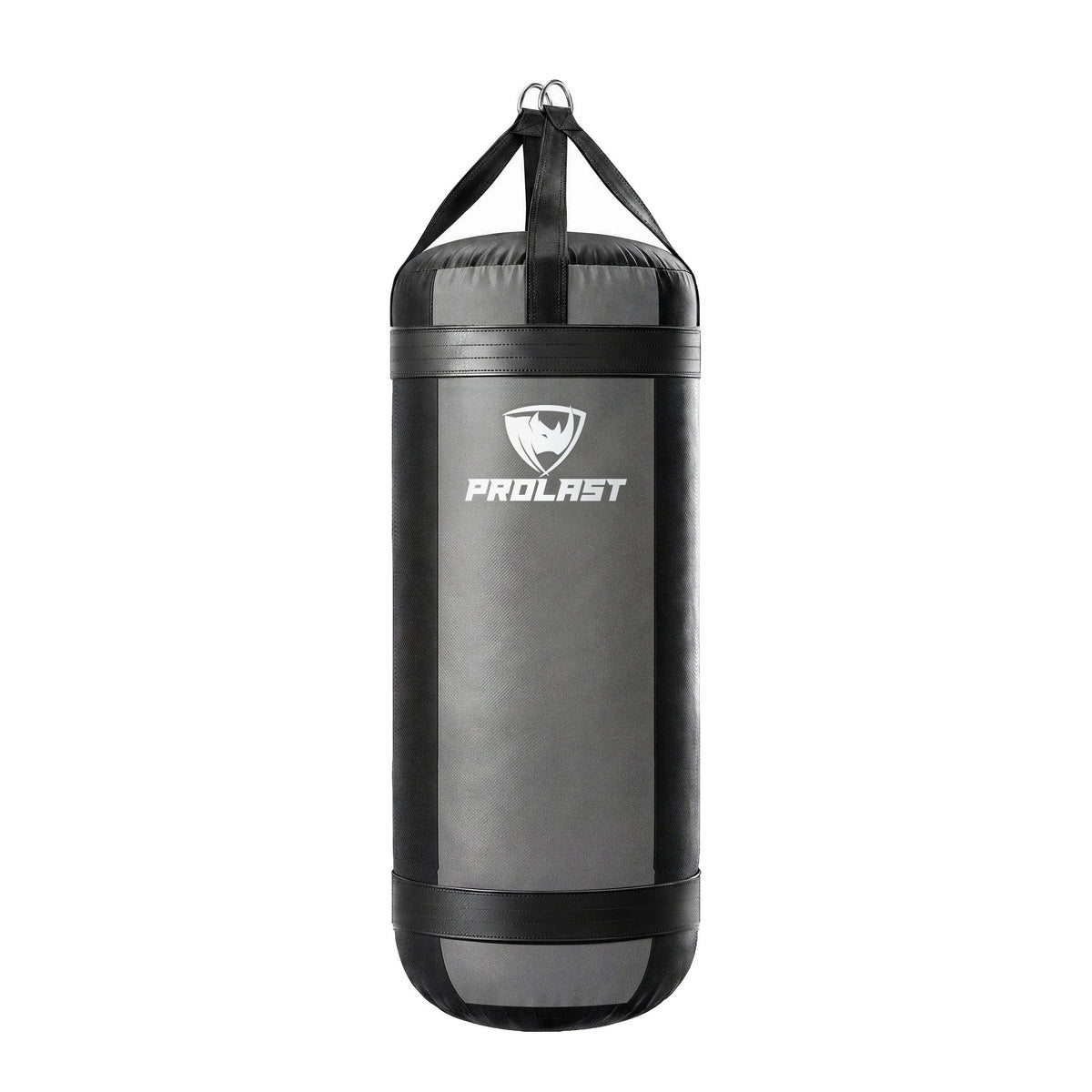 PROLAST 4 ft XL 150 lb stock heavy bag, smoke grey with black trims and straps, front view with the PROLAST logo