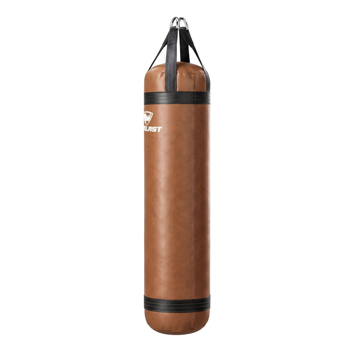PROLAST 5 ft 100 lb stock heavy bag, brown with black trims and straps, side view
