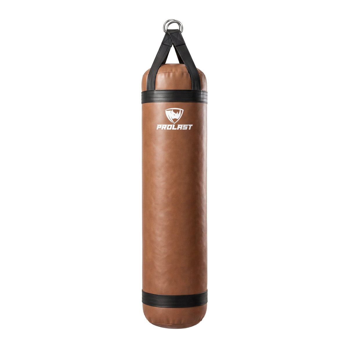 PROLAST 5 ft 100 lb stock heavy bag, brown with black trims and straps, front view with the PROLAST logo