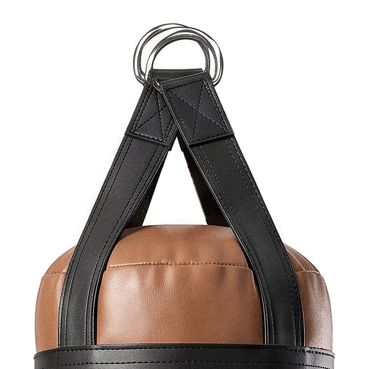 Close-up of the 5 ft 100 lb heavy bag: hanging straps box-X stitching and two heavy steel D-rings