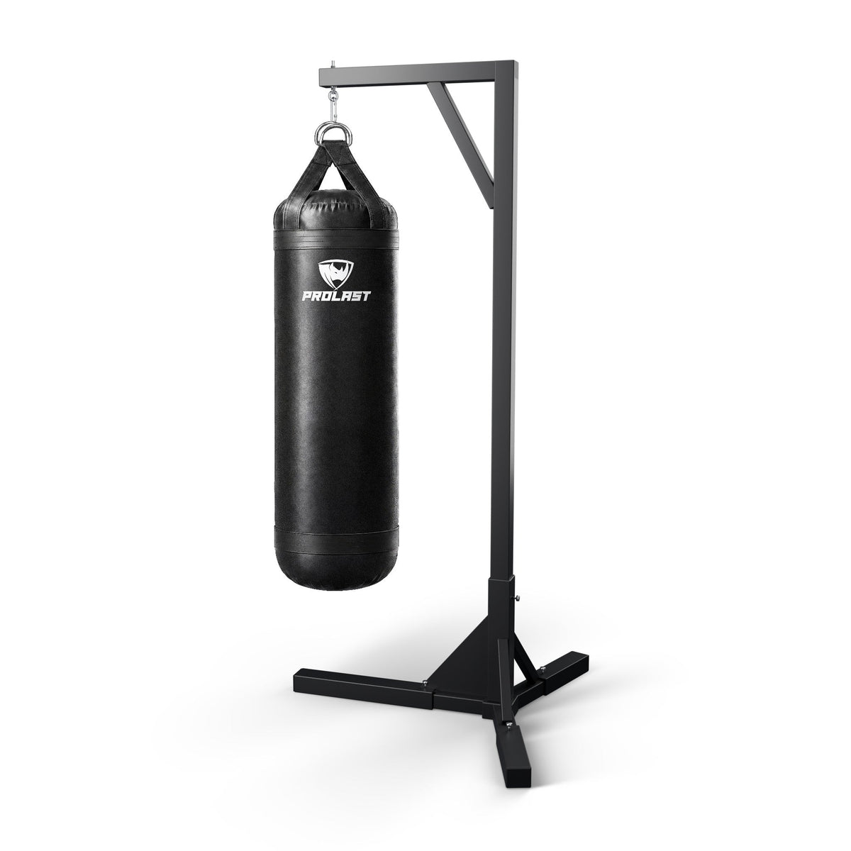 PROLAST 5 ft XL 200 lb stock heavy bag, black, hanging from a PROLAST single bag stand on a steel snap hook through its D-rings (stand sold separately)