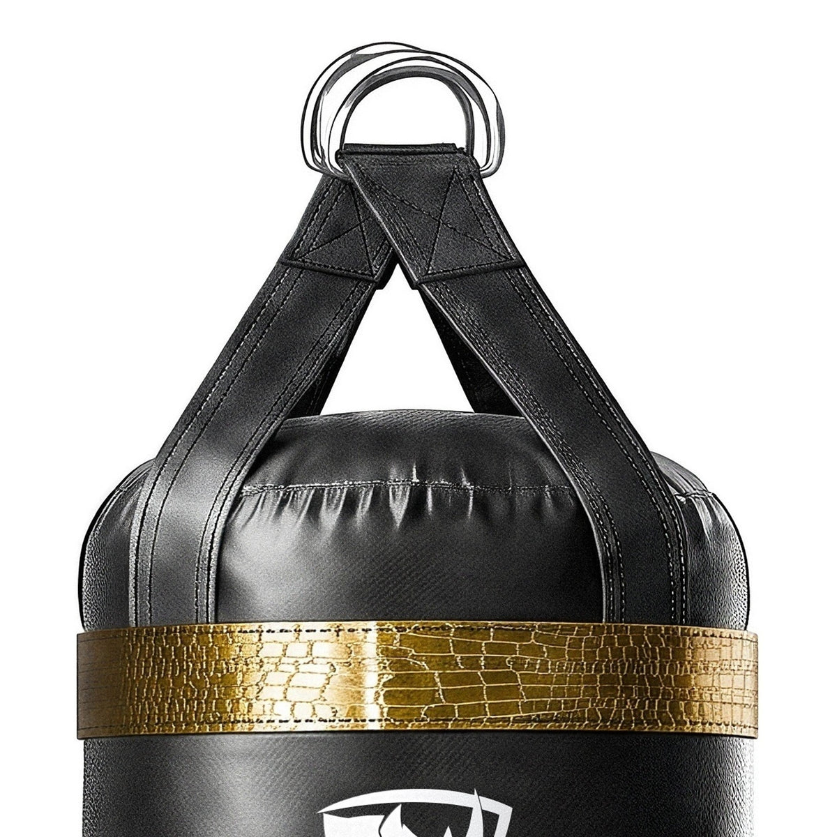 Close-up of the 5 ft XL 200 lb heavy bag: hanging straps box-X stitching and two heavy steel D-rings