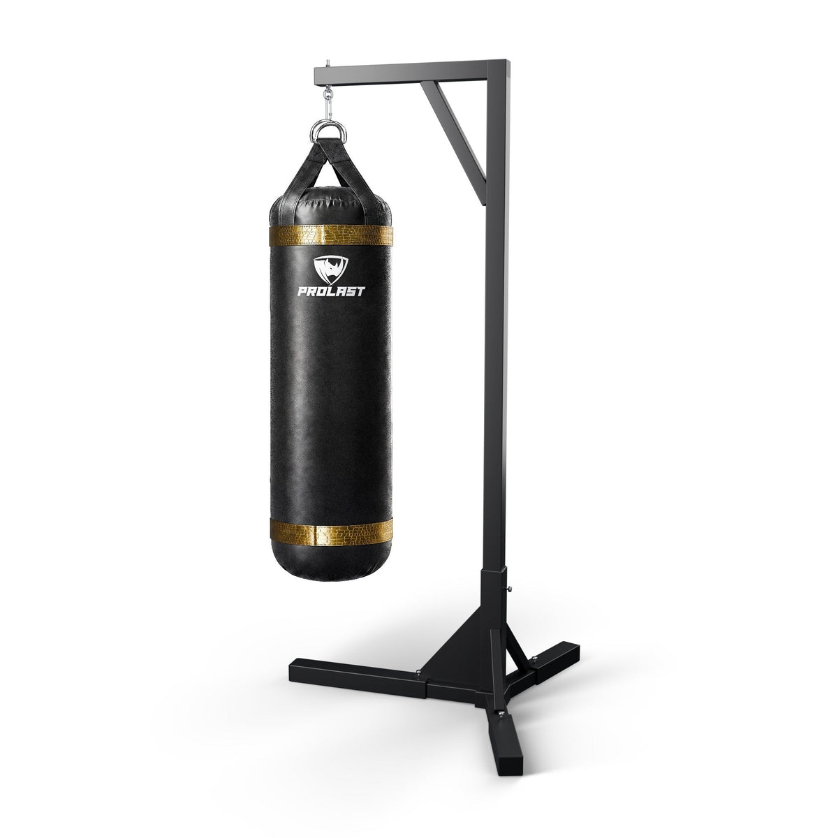 PROLAST 5 ft XL 200 lb stock heavy bag, black with gold trims, hanging from a PROLAST single bag stand on a steel snap hook through its D-rings (stand sold separately)