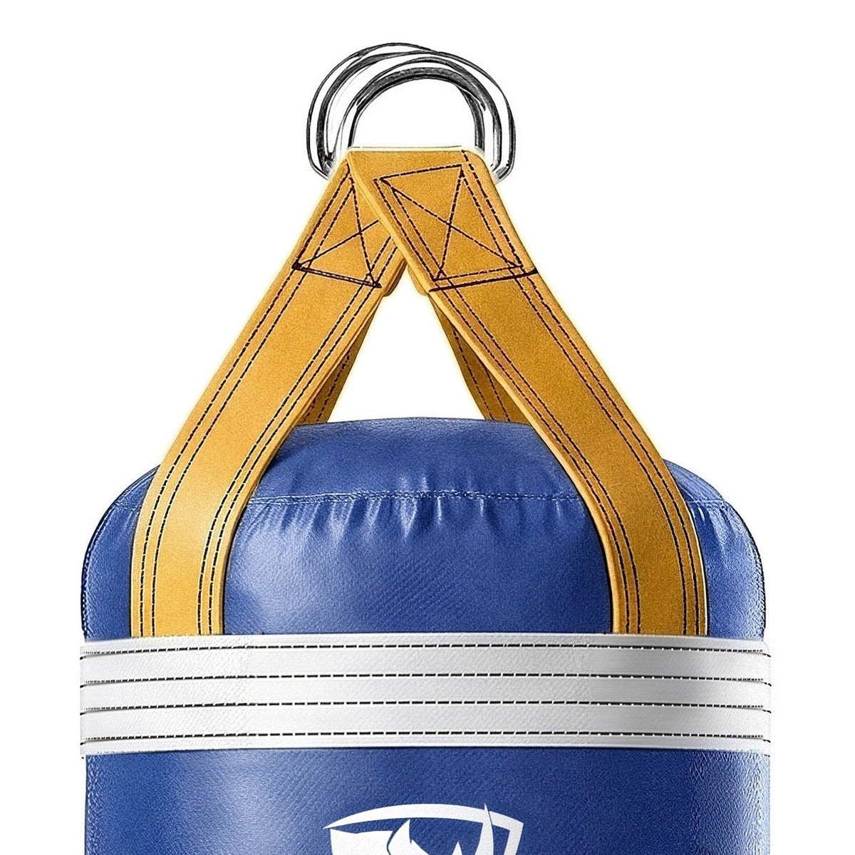 Close-up of the 5 ft XL 200 lb heavy bag: hanging straps box-X stitching and two heavy steel D-rings