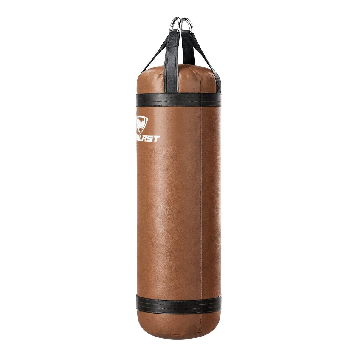 PROLAST 5 ft XL 200 lb stock heavy bag, brown with black trims and straps, side view