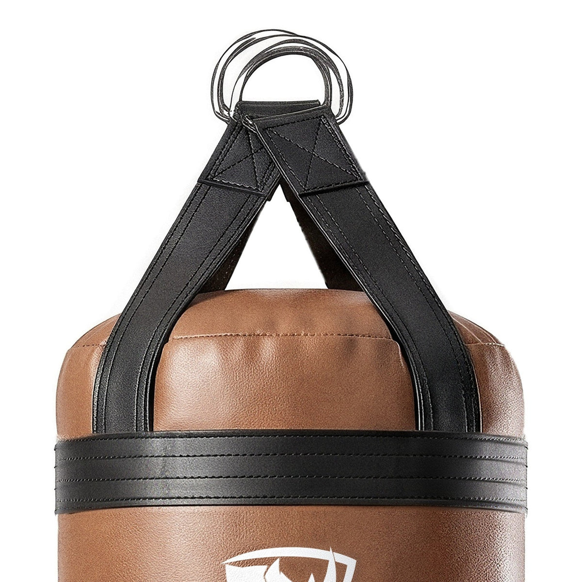 Close-up of the 5 ft XL 200 lb heavy bag: hanging straps box-X stitching and two heavy steel D-rings