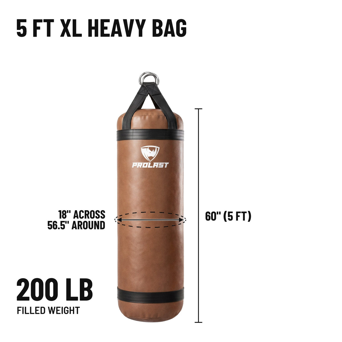 5 ft XL 200 lb heavy bag: 60 in body, 18 in across, 56.5 in around, 200 lb filled