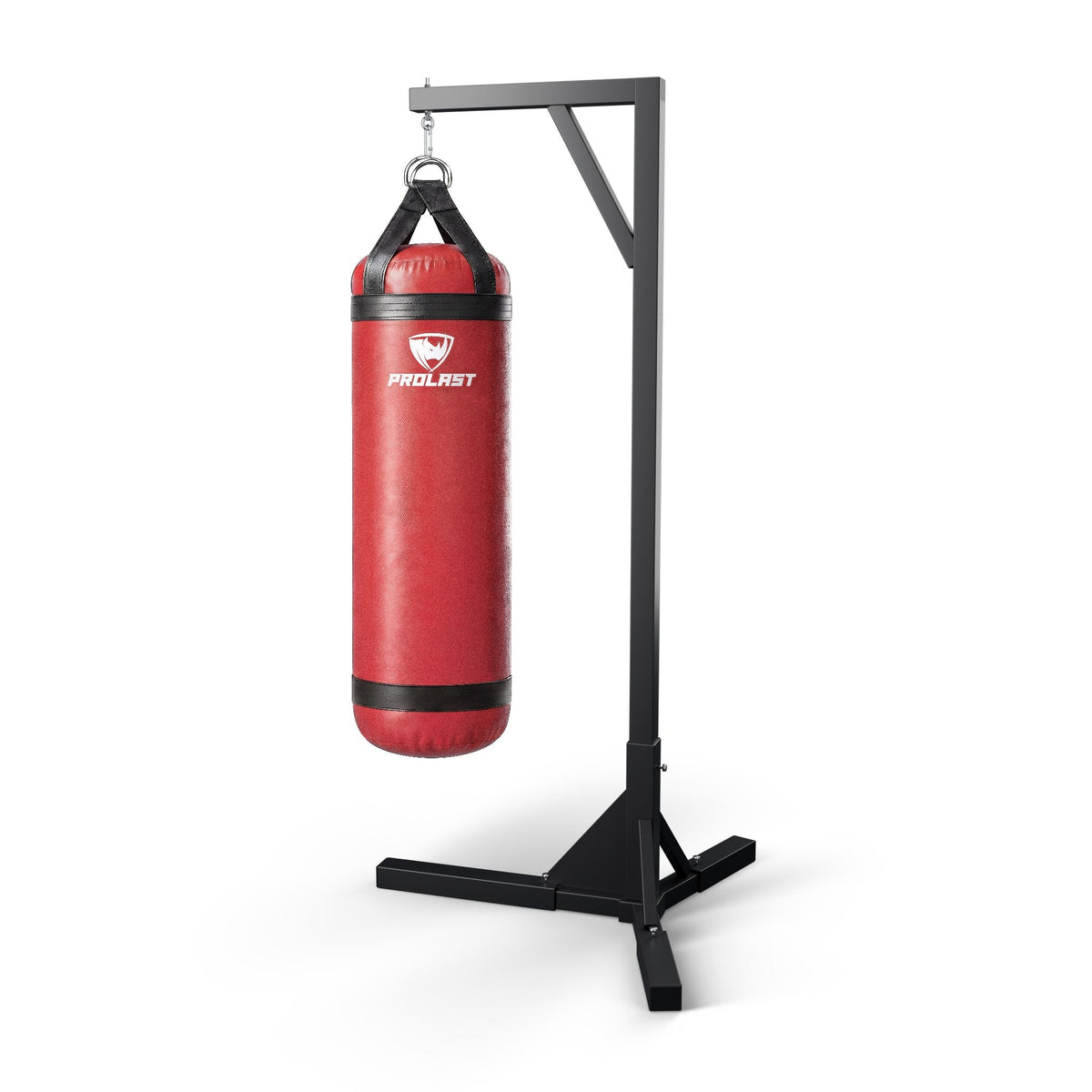 PROLAST 5 ft XL 200 lb stock heavy bag, red, hanging from a PROLAST single bag stand on a steel snap hook through its D-rings (stand sold separately)