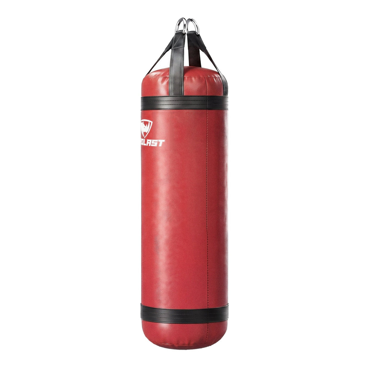 PROLAST 5 ft XL 200 lb stock heavy bag, red with black trims and straps, side view