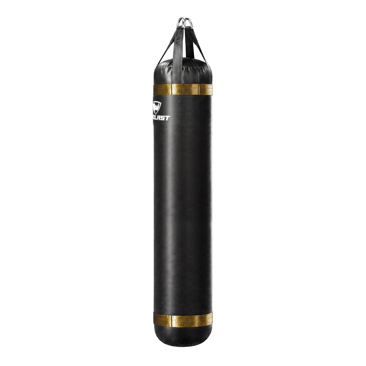 PROLAST 6 ft 150 lb stock heavy bag, black with gold alligator trims, side view