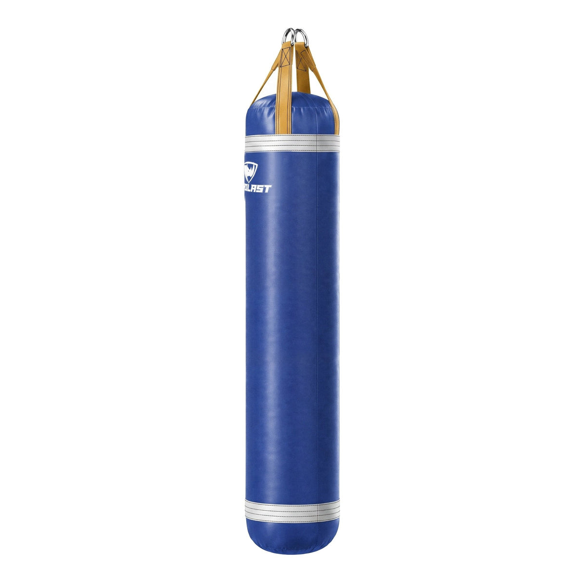 PROLAST 6 ft 150 lb stock heavy bag, royal blue with white trims and yellow straps, side view