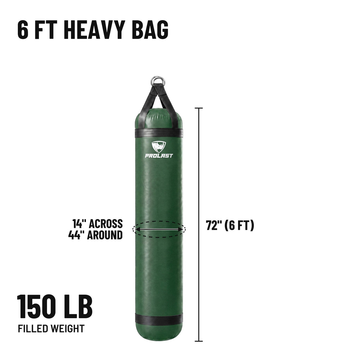 6 ft 150 lb heavy bag: 72 in body, 14 in across, 44 in around, 150 lb filled