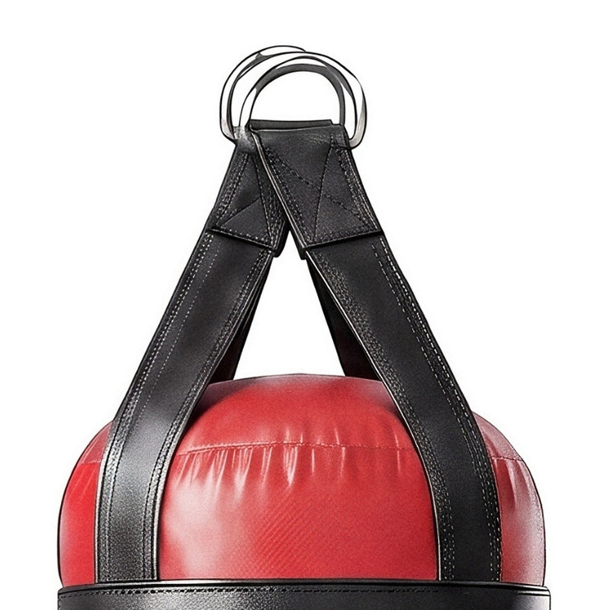 Close-up of the 6 ft 150 lb heavy bag: hanging straps box-X stitching and two heavy steel D-rings