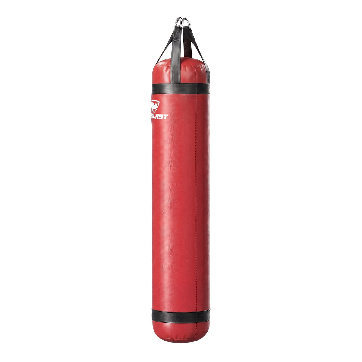 PROLAST 6 ft 150 lb stock heavy bag, red with black trims and straps, side view