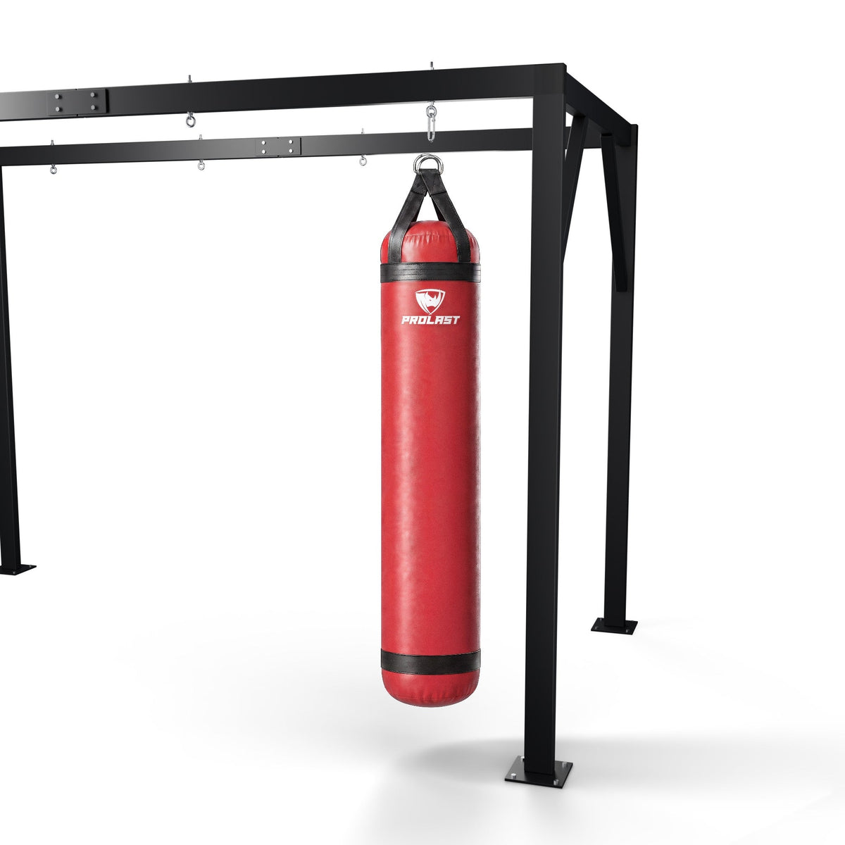 PROLAST 6 ft 150 lb stock heavy bag, red, hanging from a PROLAST heavy bag frame on a steel snap hook through its D-rings (stand sold separately)