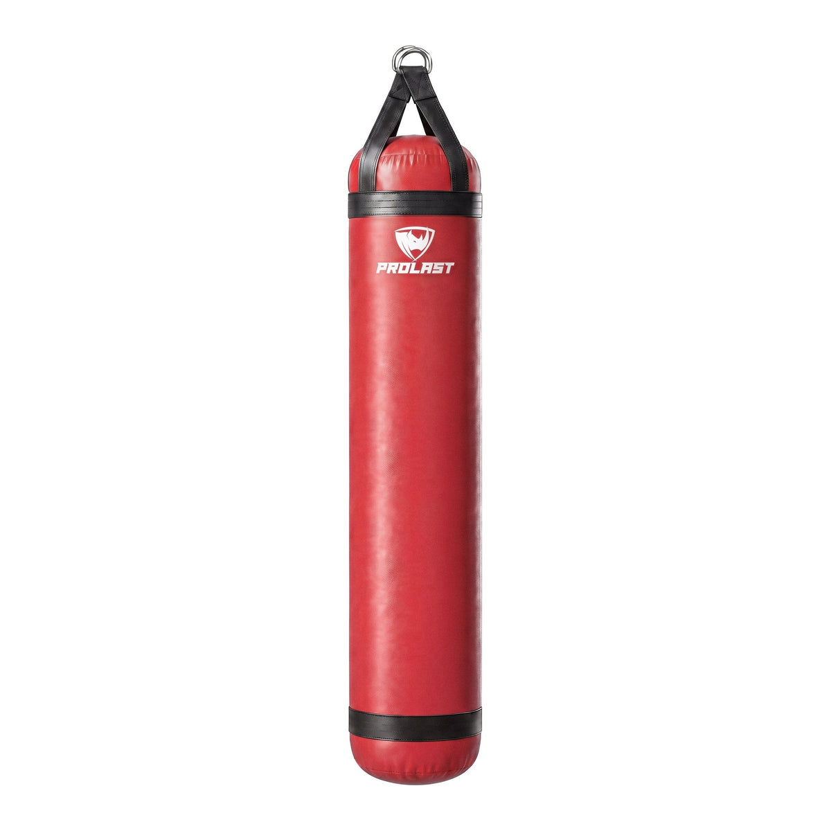 PROLAST 6 ft 150 lb stock heavy bag, red with black trims and straps, front view with the PROLAST logo