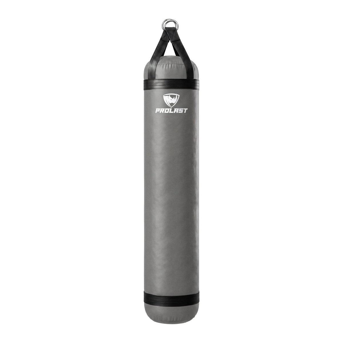 PROLAST 6 ft 150 lb stock heavy bag, smoke grey with black trims and straps, front view with the PROLAST logo