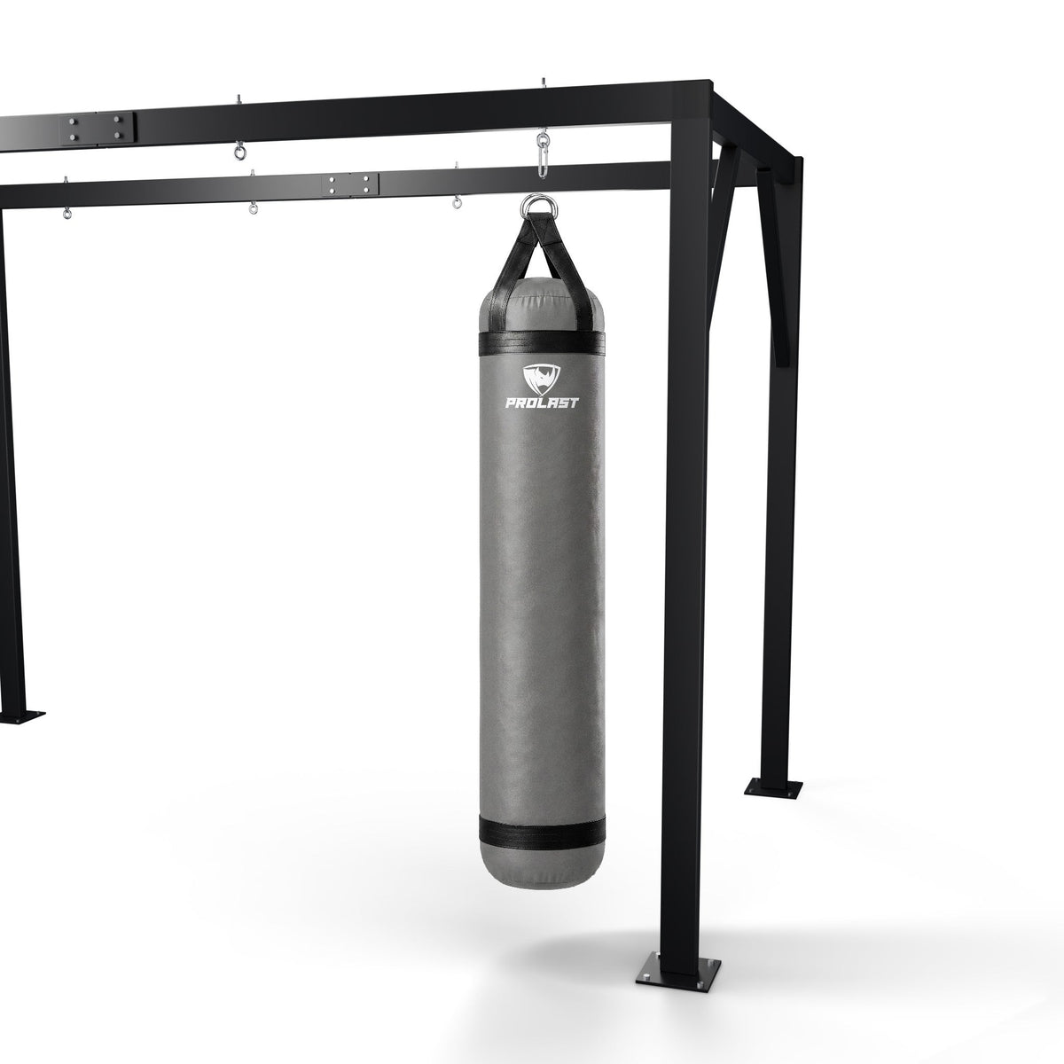 PROLAST 6 ft 150 lb stock heavy bag, smoke grey, hanging from a PROLAST heavy bag frame on a steel snap hook through its D-rings (stand sold separately)