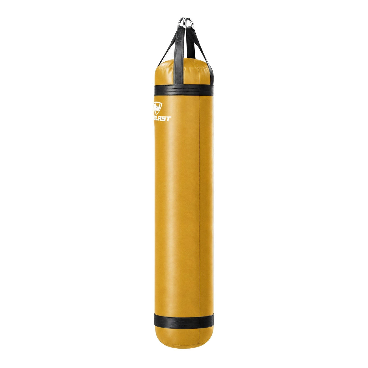 PROLAST 6 ft 150 lb stock heavy bag, yellow with black trims and straps, side view