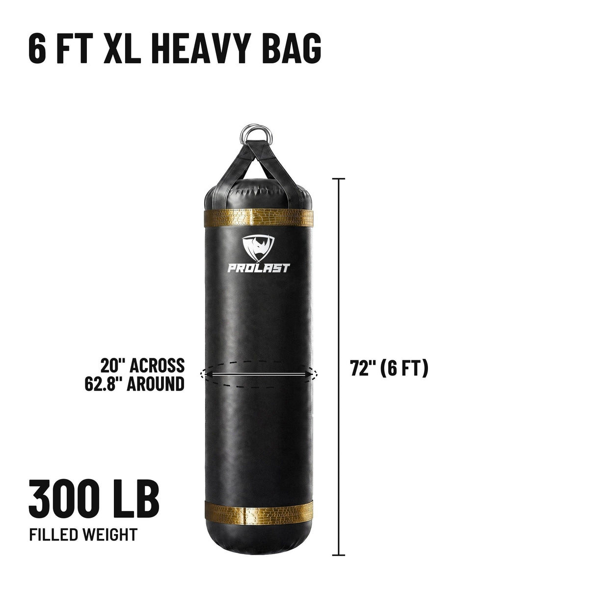 6 ft XL 300 lb heavy bag: 72 in body, 20 in across, 62.8 in around, 300 lb filled