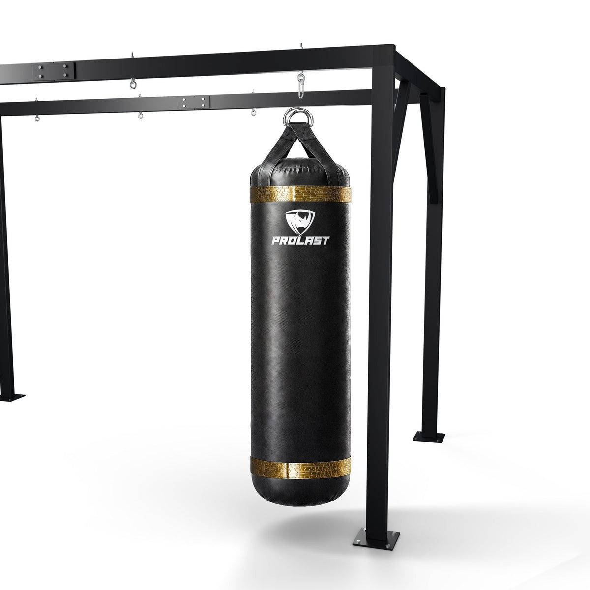 PROLAST 6 ft XL 300 lb stock heavy bag, black with gold trims, hanging from a PROLAST heavy bag frame on a steel snap hook through its D-rings (stand sold separately)