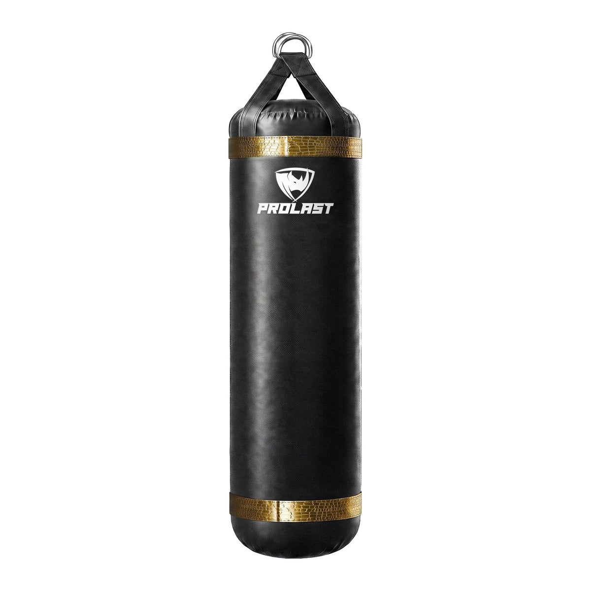 PROLAST 6 ft XL 300 lb stock heavy bag, black with gold alligator trims, front view with the PROLAST logo