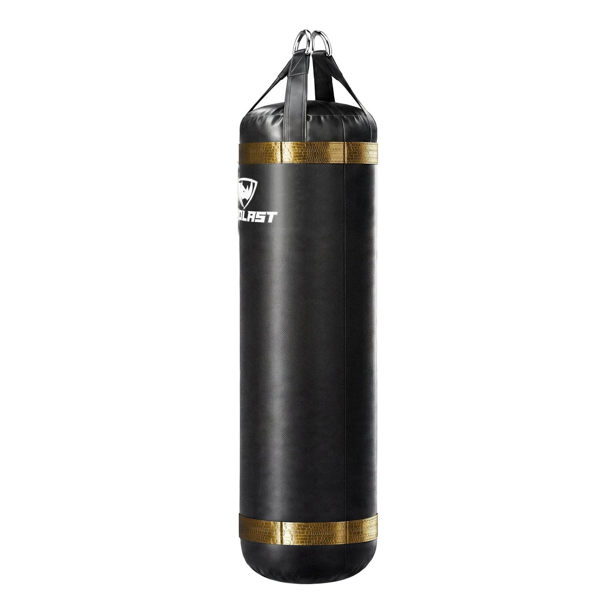 PROLAST 6 ft XL 300 lb stock heavy bag, black with gold alligator trims, side view