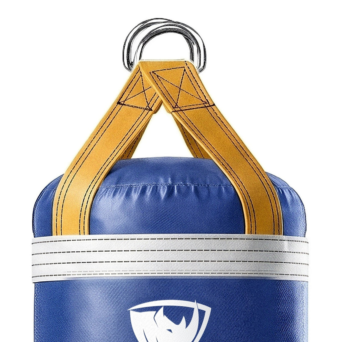 Close-up of the 6 ft XL 300 lb heavy bag: hanging straps box-X stitching and two heavy steel D-rings