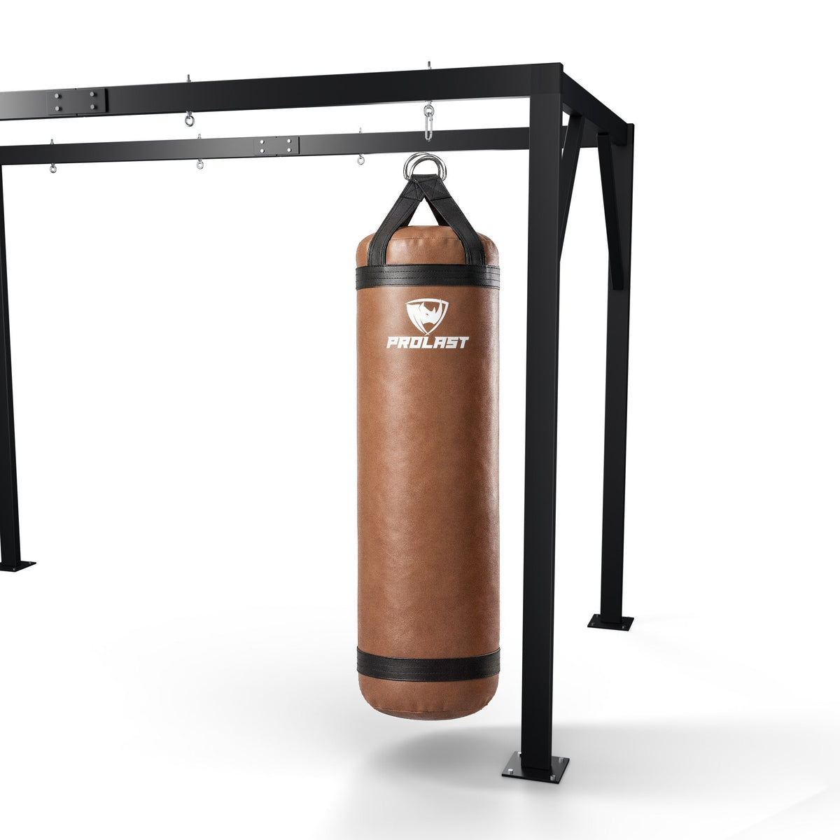 PROLAST 6 ft XL 300 lb stock heavy bag, brown, hanging from a PROLAST heavy bag frame on a steel snap hook through its D-rings (stand sold separately)