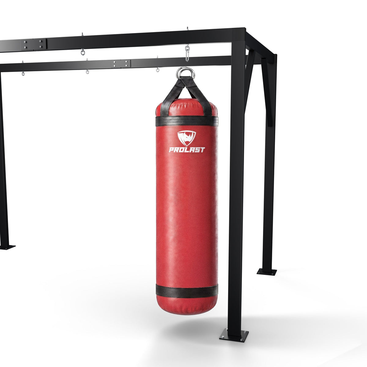 PROLAST 6 ft XL 300 lb stock heavy bag, red, hanging from a PROLAST heavy bag frame on a steel snap hook through its D-rings (stand sold separately)