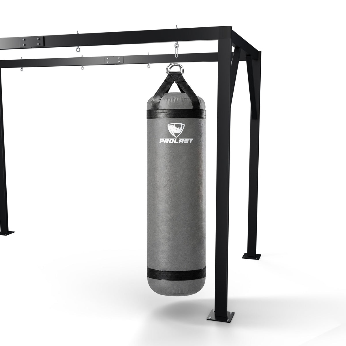 PROLAST 6 ft XL 300 lb stock heavy bag, smoke grey, hanging from a PROLAST heavy bag frame on a steel snap hook through its D-rings (stand sold separately)