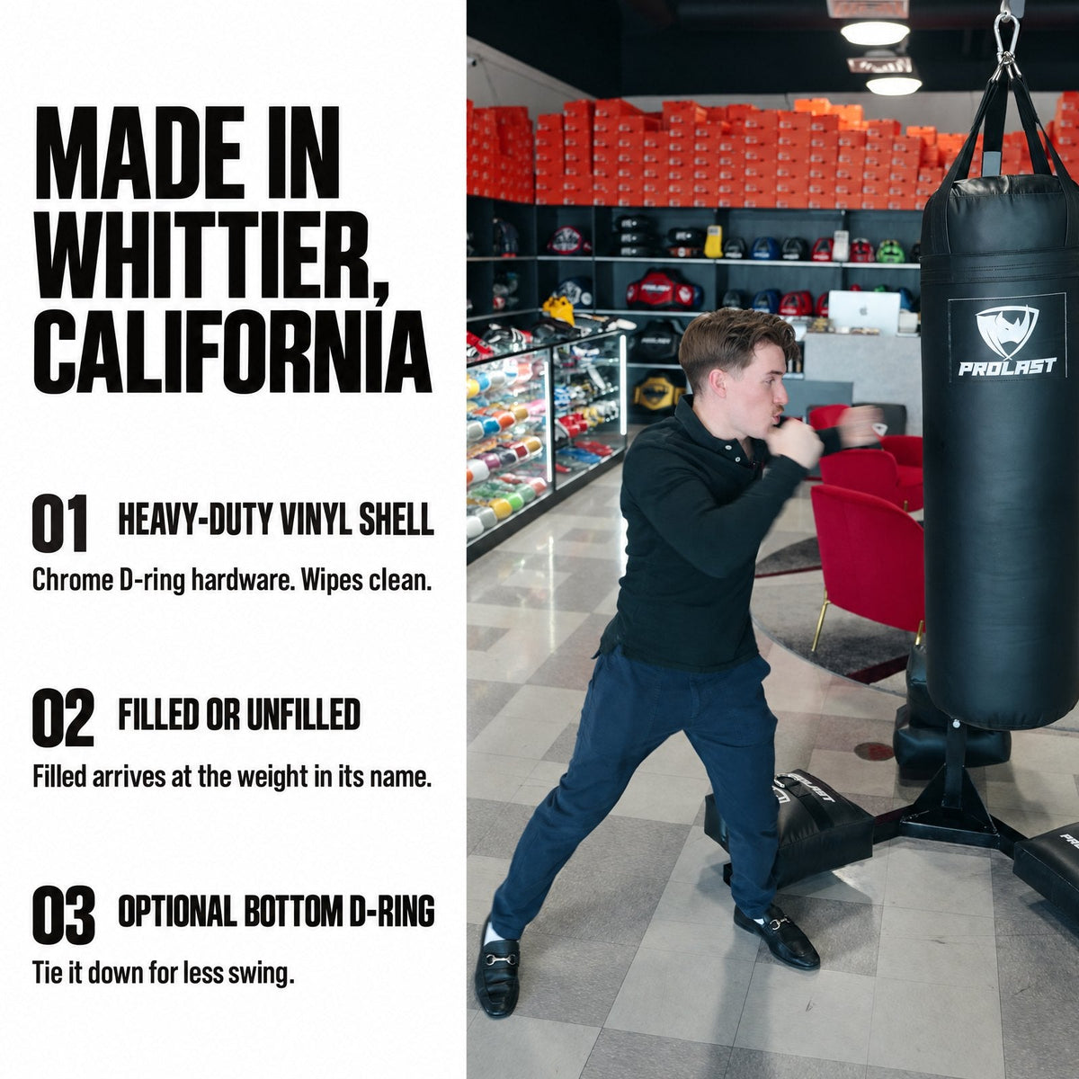 Made in Whittier, California: heavy-duty vinyl shell, filled or unfilled, optional bottom D-ring
