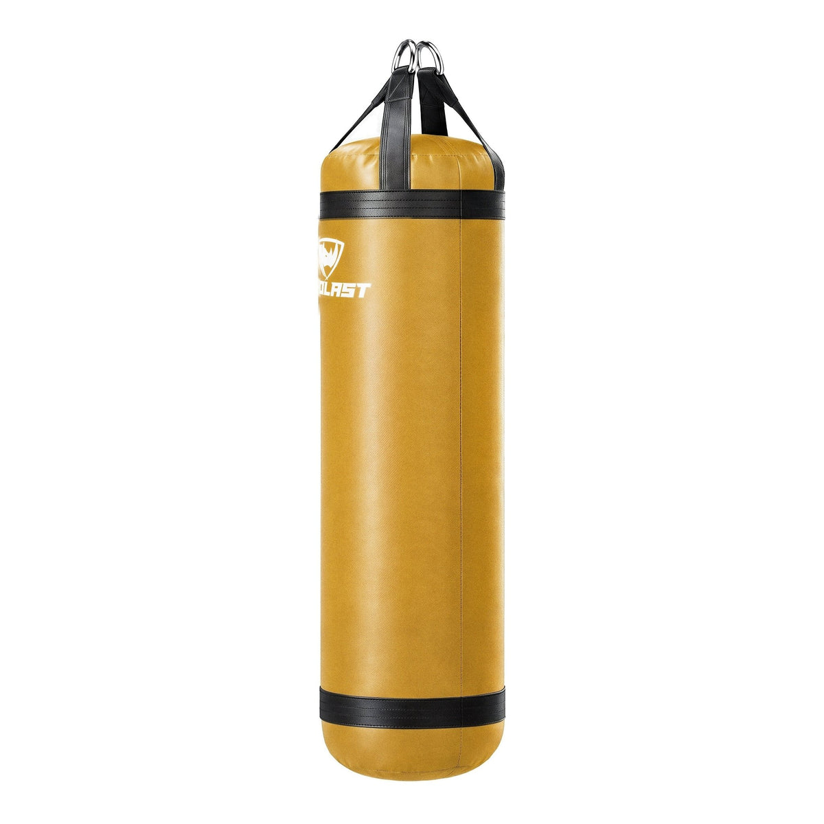 PROLAST 6 ft XL 300 lb stock heavy bag, yellow with black trims and straps, side view