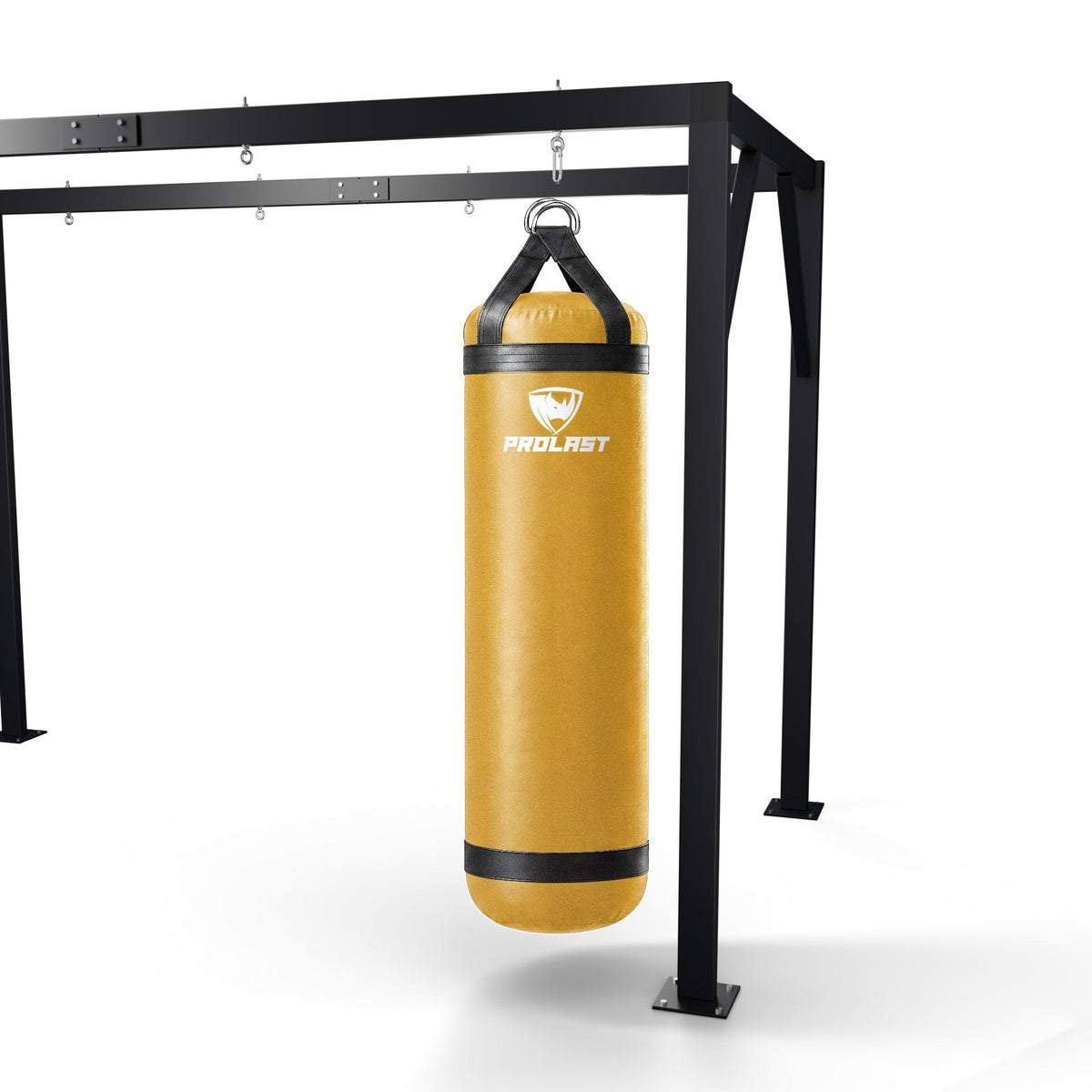 PROLAST 6 ft XL 300 lb stock heavy bag, yellow, hanging from a PROLAST heavy bag frame on a steel snap hook through its D-rings (stand sold separately)