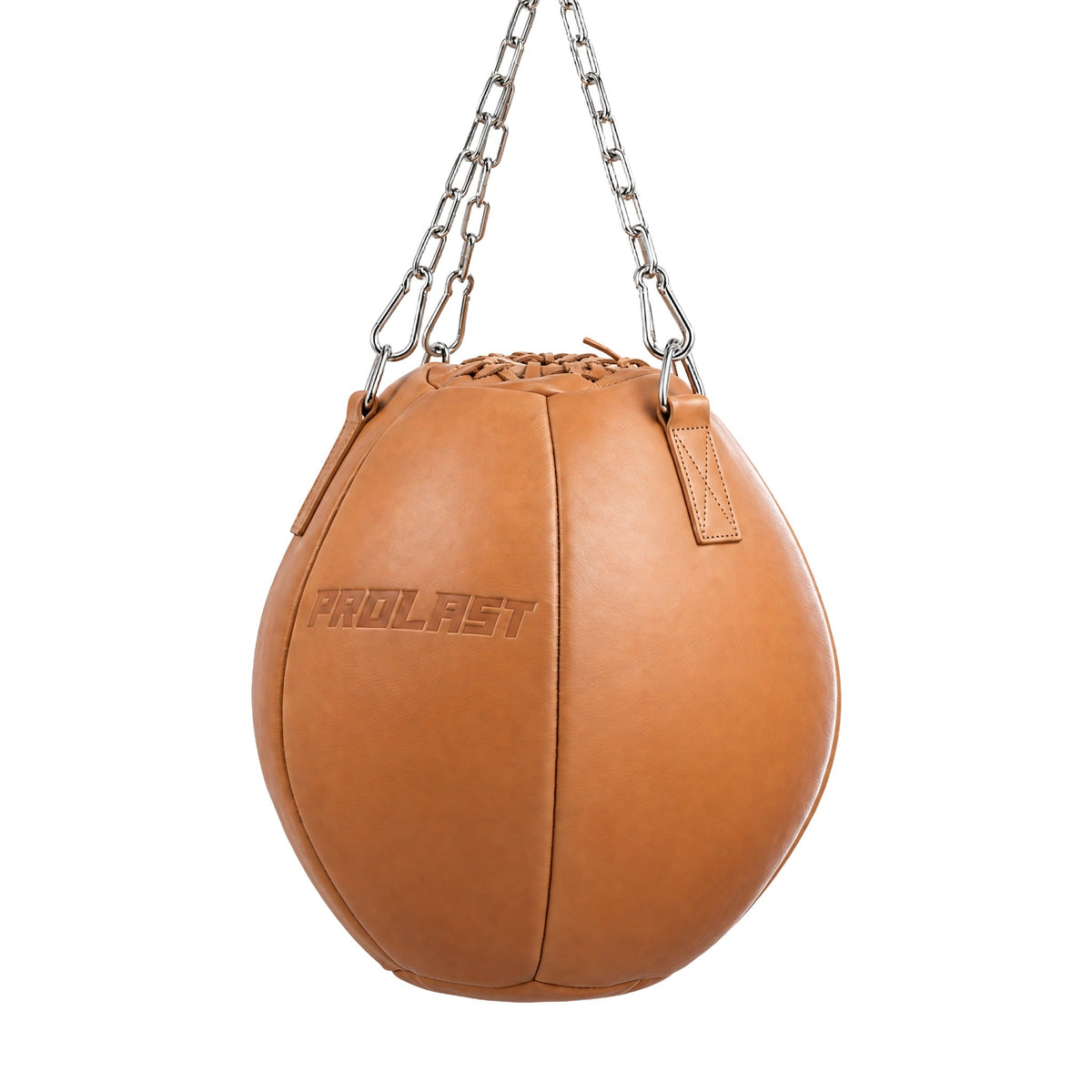 PROLAST tan leather wrecking ball, seen from the side