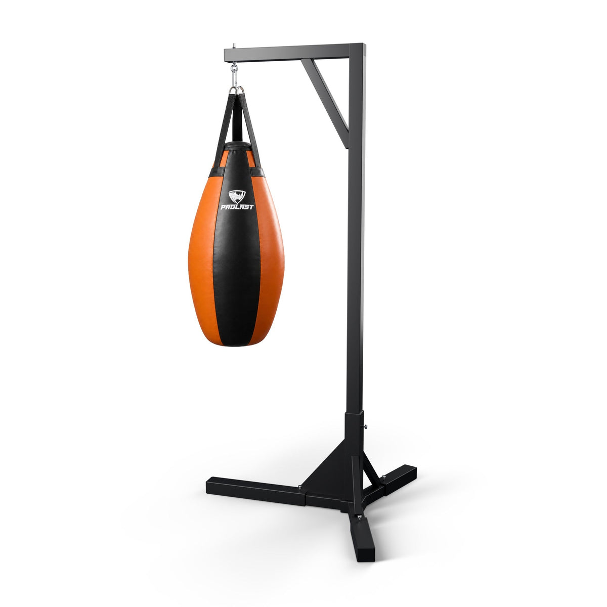 PROLAST black and orange teardrop heavy bag hanging from a PROLAST single bag stand on a steel snap hook (stand sold separately)