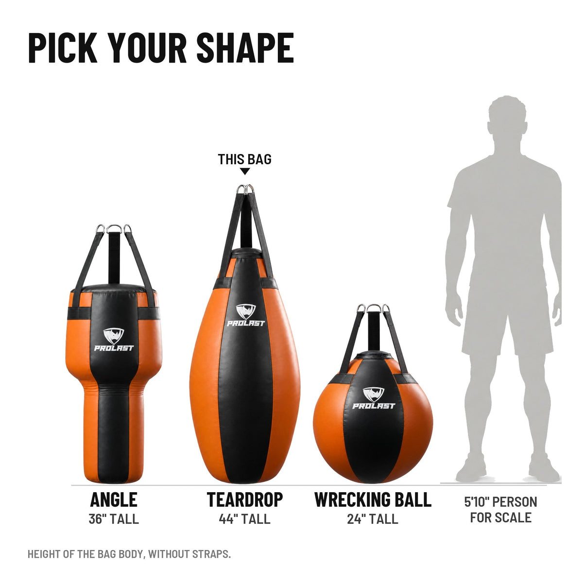PROLAST angle, teardrop and wrecking ball bags in black and orange, to scale next to a 5 ft 10 in person