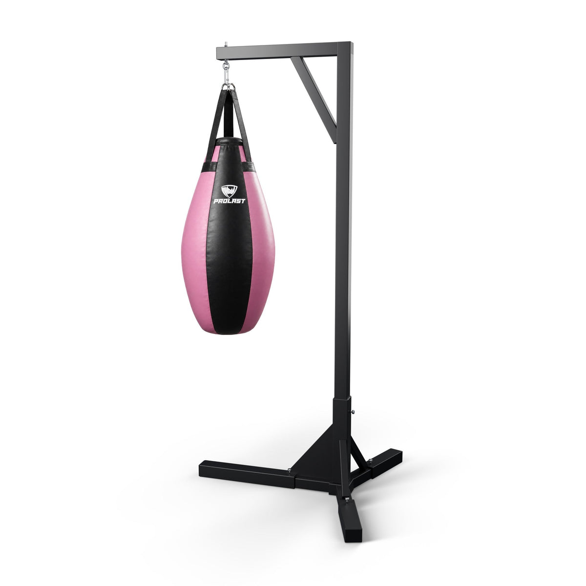 PROLAST black and pink teardrop heavy bag hanging from a PROLAST single bag stand on a steel snap hook (stand sold separately)