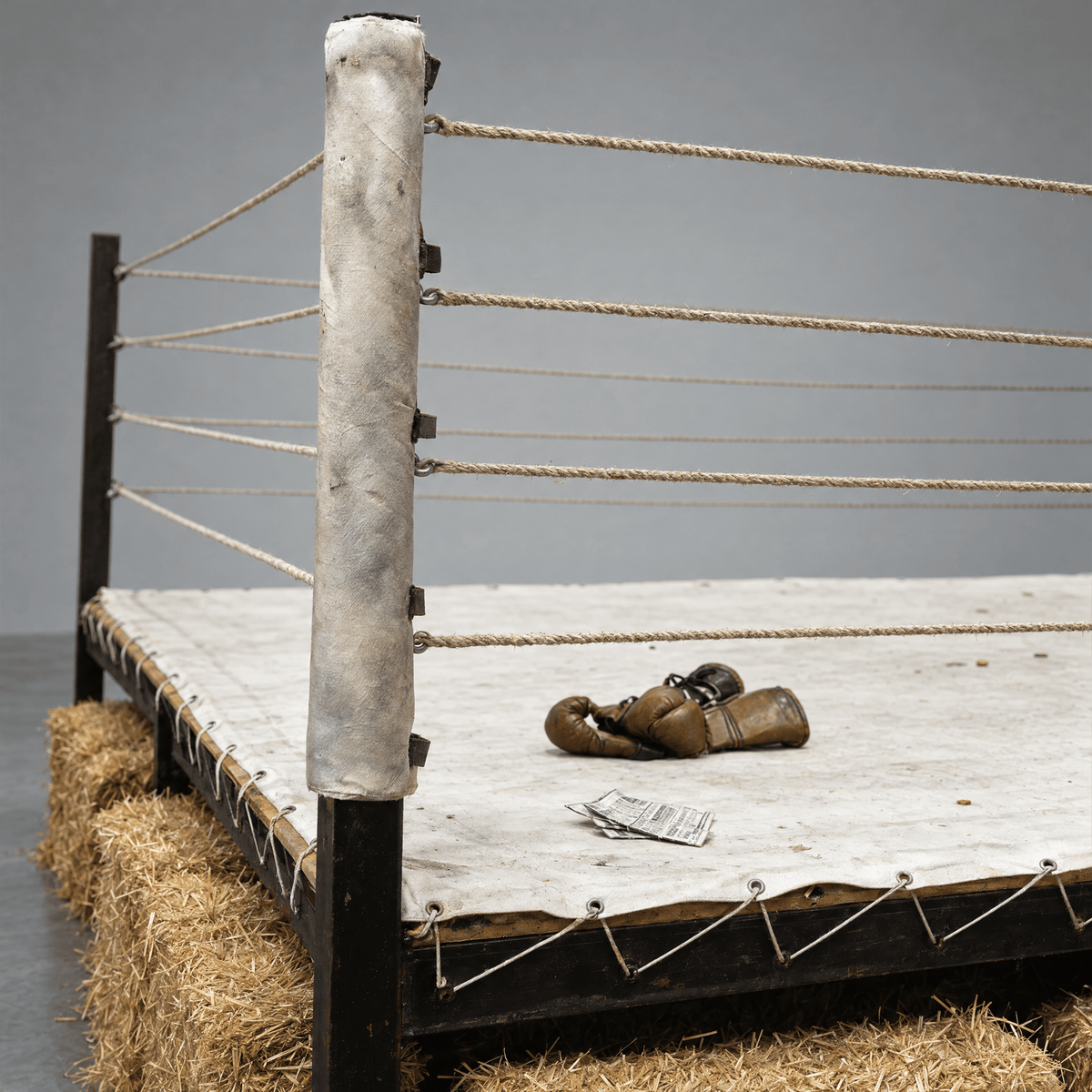 PROLAST vintage boxing ring prop: padded corner post, ropes and laced canvas