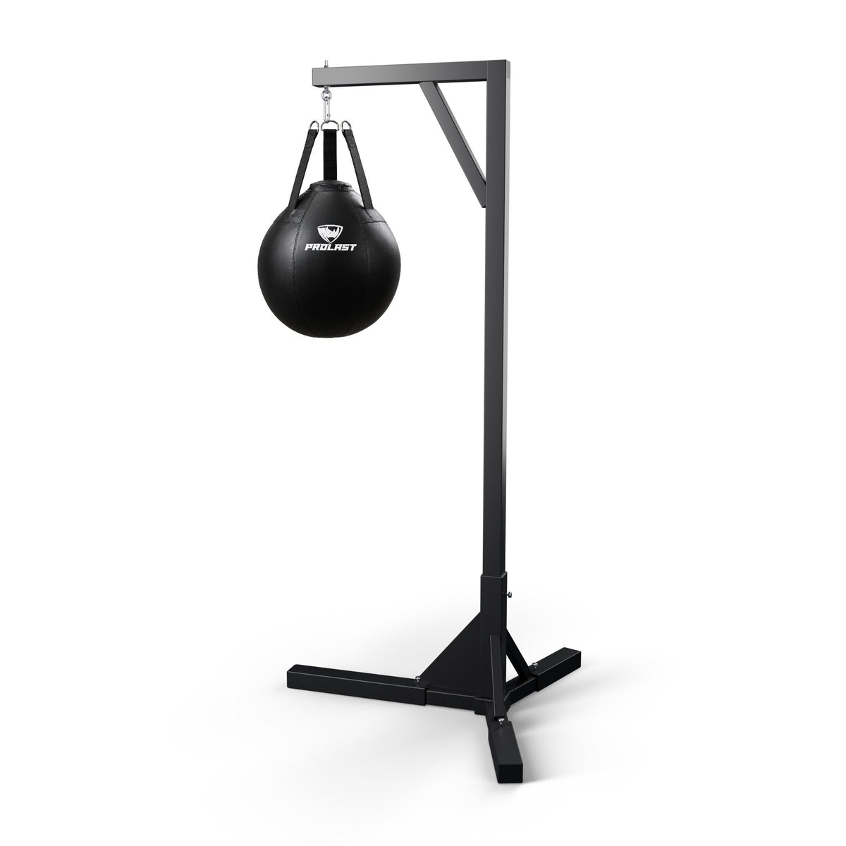 PROLAST all black wrecking ball heavy bag hanging from a PROLAST single bag stand on a steel snap hook (stand sold separately)