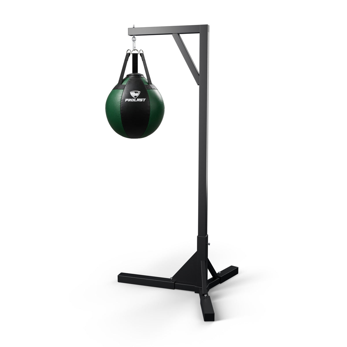 PROLAST black and green wrecking ball heavy bag hanging from a PROLAST single bag stand on a steel snap hook (stand sold separately)